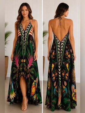 Wild Tropical Bird Print Halter Maxi Dress High Low Resort Boho Vacation OS